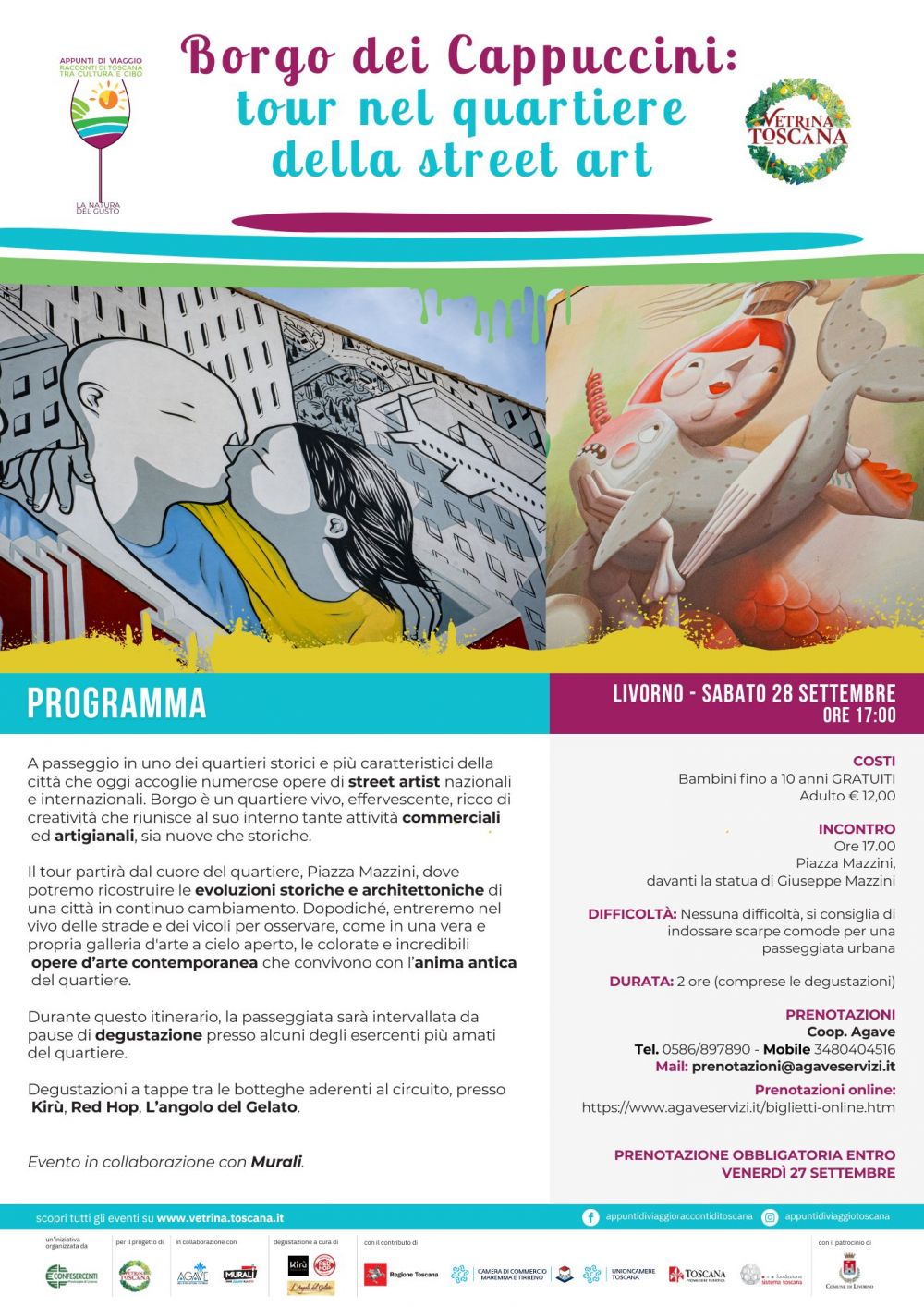 Locandina del tour sui murales di Borgo Cappuccini (con degustazione) con info utili.